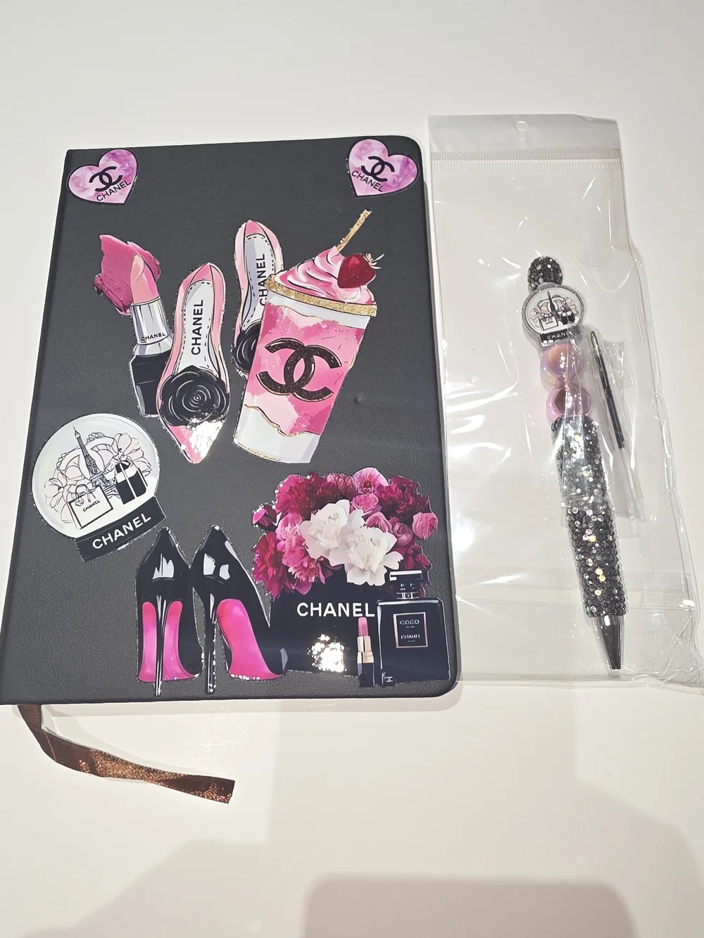 Fashion Inspired Black Notebook with Pink Sticker Accents
